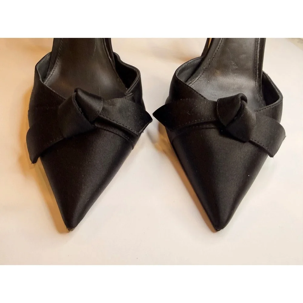 Alexandre Birman Black Satin Bow Pointed Toe Slingback Flared Heel Pumps 37